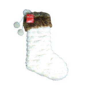 Merry Brite 21 inch Faux Fur Christmas Stocking With Pom Poms